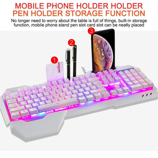 Gaming wired mechanical keyboard with RGB LED backlight; white chassis and built-in phone stand with pen holder