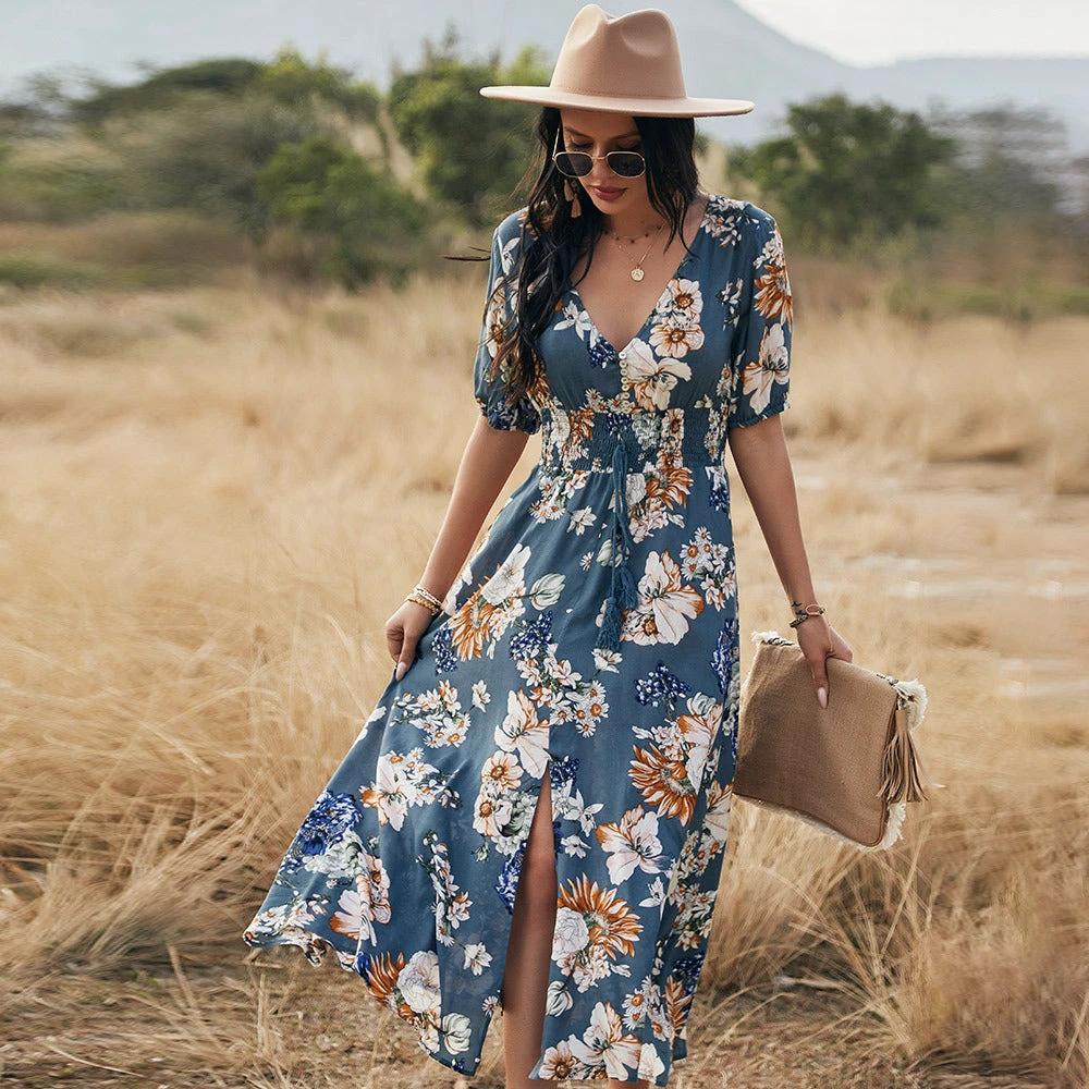Floral Summer Beach Dress With V Neck Elastic Waist Dresses For Women MANDOTOS