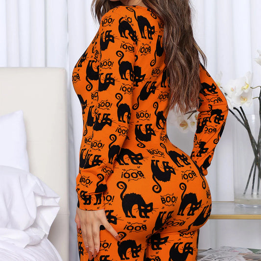 Halloween Printed Jumpsuit Long Sleeve Home Pajamas Casual Trousers Women's Cos Clothing - MANDOTOS