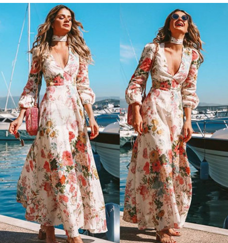 Elegant Deep V Print Dress - European Style