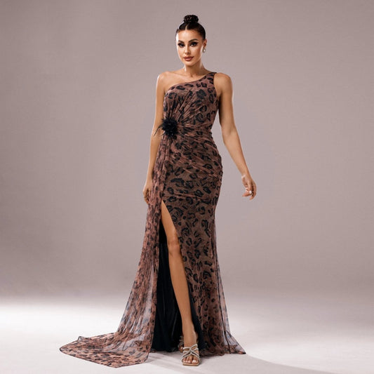 One-shoulder Diagonal Collar Leopard Sequined Evening Dress MANDOTOS