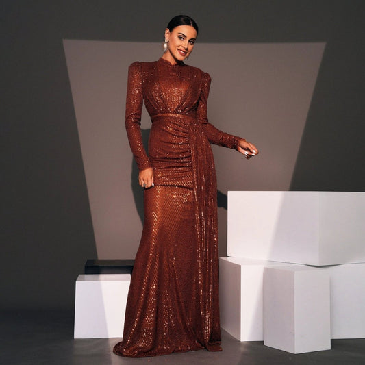 Long Sleeve Round Neck Sexy Slim Long Sequined Banquet Dress MANDOTOS