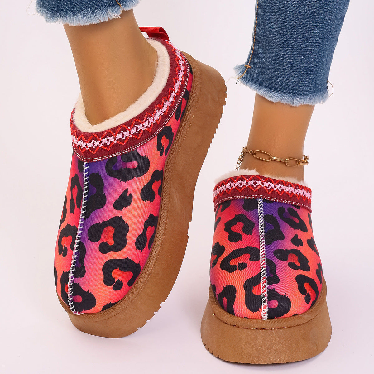 Women's Cartoon Christmas Print Ankle Boots Casual Slip On Plush Lined Home Shoes Comfortable Winter Short Boots - MANDOTOS