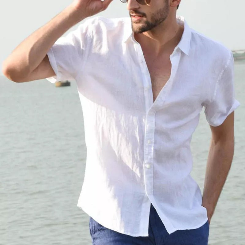 Men's white short-sleeve button-up shirt by Ancient Energy, casual summer top