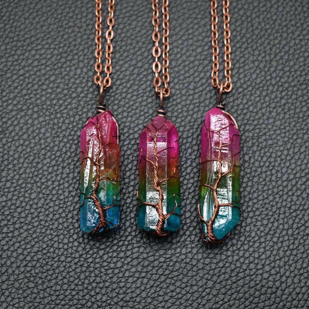 Hot Selling Stone Crystal Pillar Tree Of Life Pendant Ins Fashion Necklace MANDOTOS