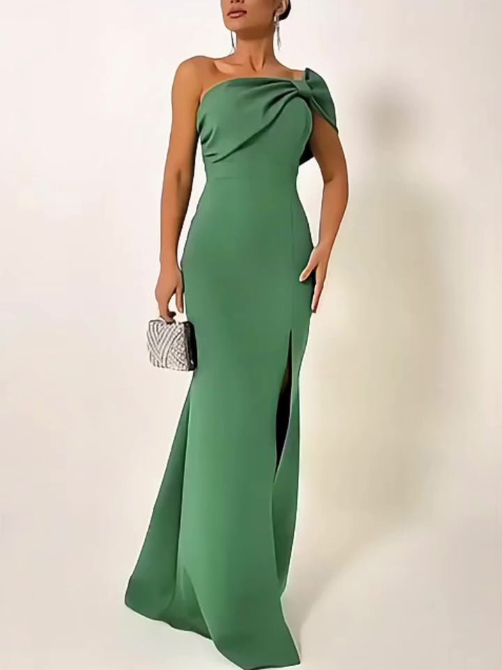 Green Bow Tube Top Evening Dress by Ancient Energy; one-shoulder neckline with twisted bow and thigh-high slit.