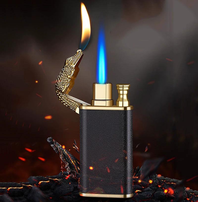 Mandotos Creative Blue Flame Lighter Dolphin Dragon Tiger Metal Windproof Double Flame Refillable - MANDOTOS