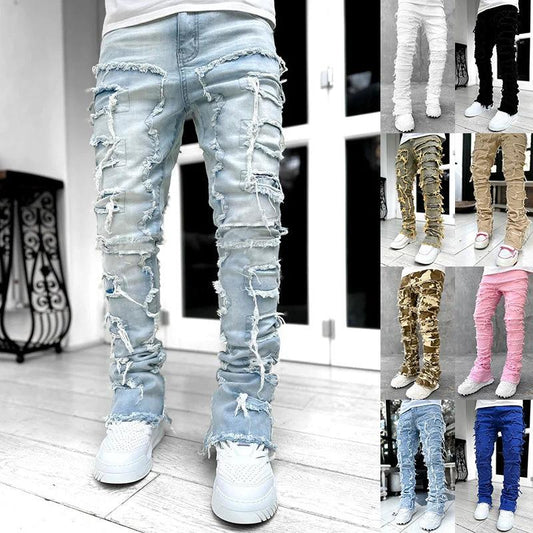Men's Stacked Jeans - Individual Patched, Long Tight Fit Trousers for Bold Style MANDOTOS
