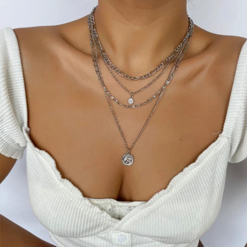Mandotos Chunky Gold Layered Necklace With Coin Pendant And Sun Charm For Women - MANDOTOS