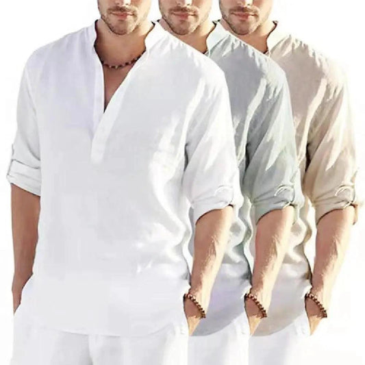 Men's Casual Cotton Linen Solid Color Long Sleeve Shirt Loose Stand Collar - MANDOTOS