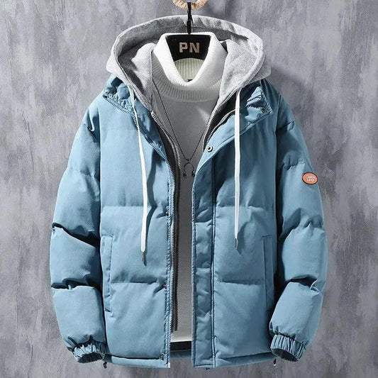 Fashion Hooded Jacket Men Winter Windproof Thickened Fake Two-piece Coat Solid Leisure Sports Cotton Jacket - MANDOTOS