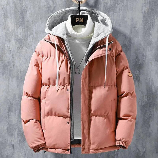 Fashion Hooded Jacket Men Winter Windproof Thickened Fake Two-piece Coat Solid Leisure Sports Cotton Jacket - MANDOTOS