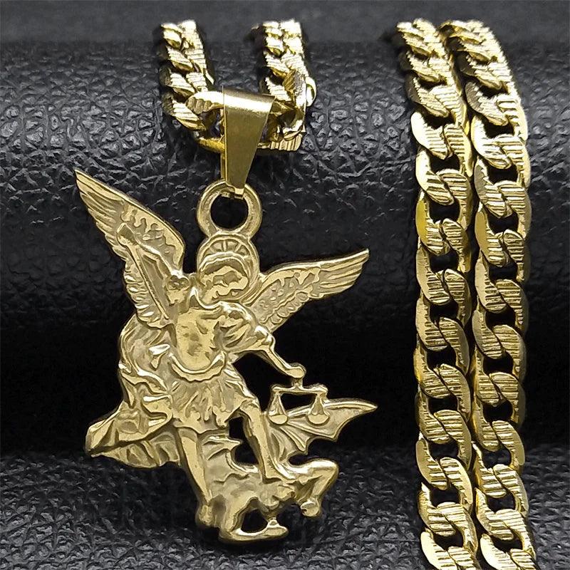 "SAINT MICHAEL PROTECT US Archangel Stainless Steel Pendant Necklace for Women Men Gold Color Necklace Choker Jewelry Collares - MANDOTOS"