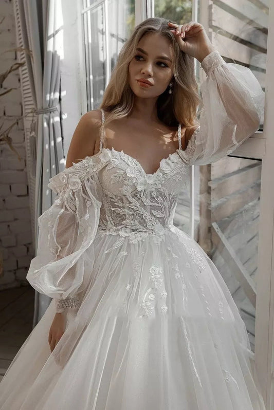 "Boho Bride Puff Sleeve Off-Shoulder Wedding Gown - MANDOTOS"
