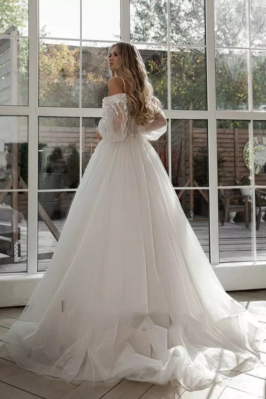 "Boho Bride Puff Sleeve Off-Shoulder Wedding Gown - MANDOTOS"