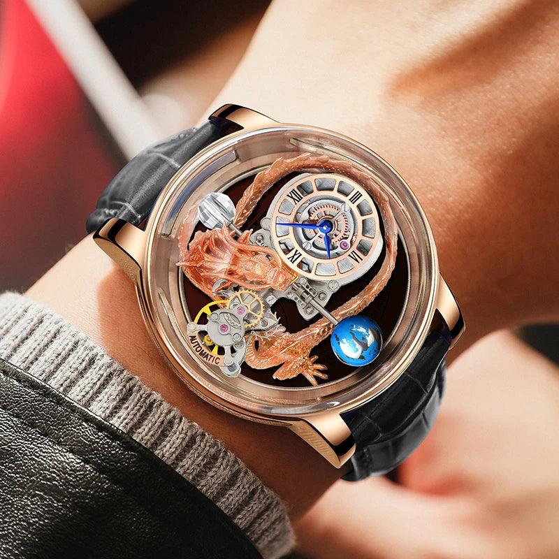 "PINDU Design Art astronomique Sculpture Traditionnelle Artisanat Dragon dor en Trois Dimensions Men Watch Transparent Case Globe - MANDOTOS"