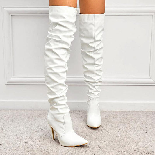High Heel Elastic Knee Length Patent Leather Boots - MANDOTOS
