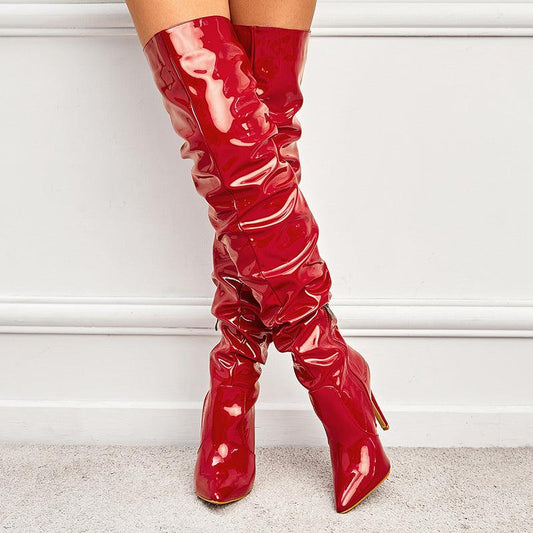 "High Heel Elastic Knee Length Patent Leather Boots - MANDOTOS"