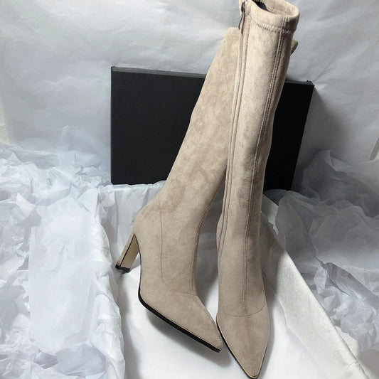 Women's High Heel Stretch Below The Knee Boots - MANDOTOS