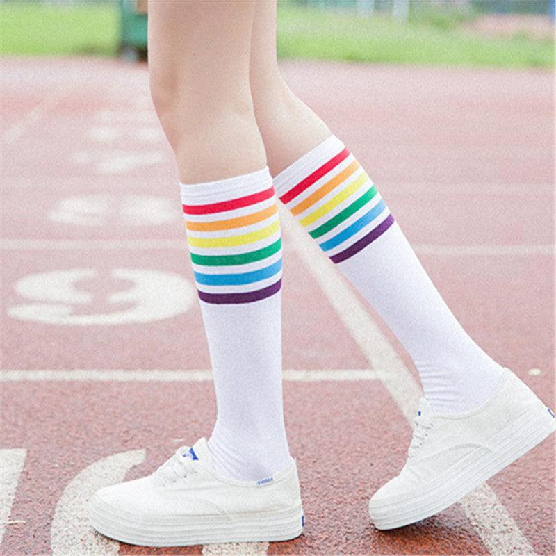 Women's Striped Knee-High Cotton Socks - MANDOTOS