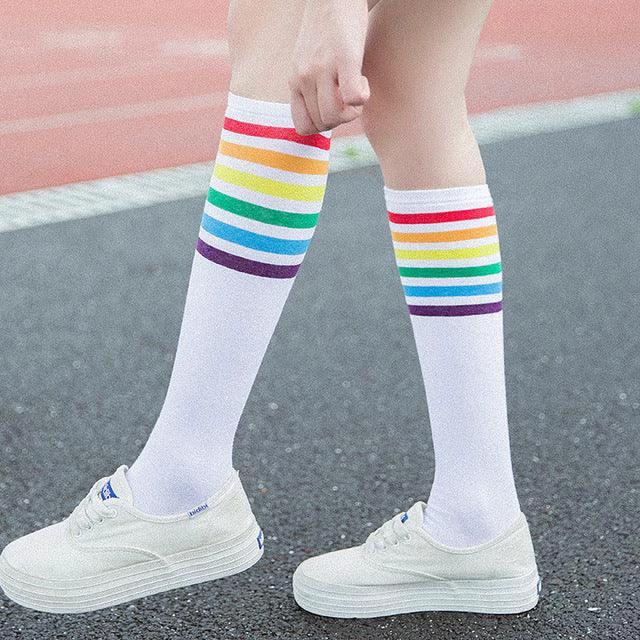 Women's Striped Knee-High Cotton Socks - MANDOTOS