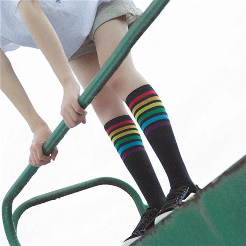 Women's Striped Knee-High Cotton Socks - MANDOTOS