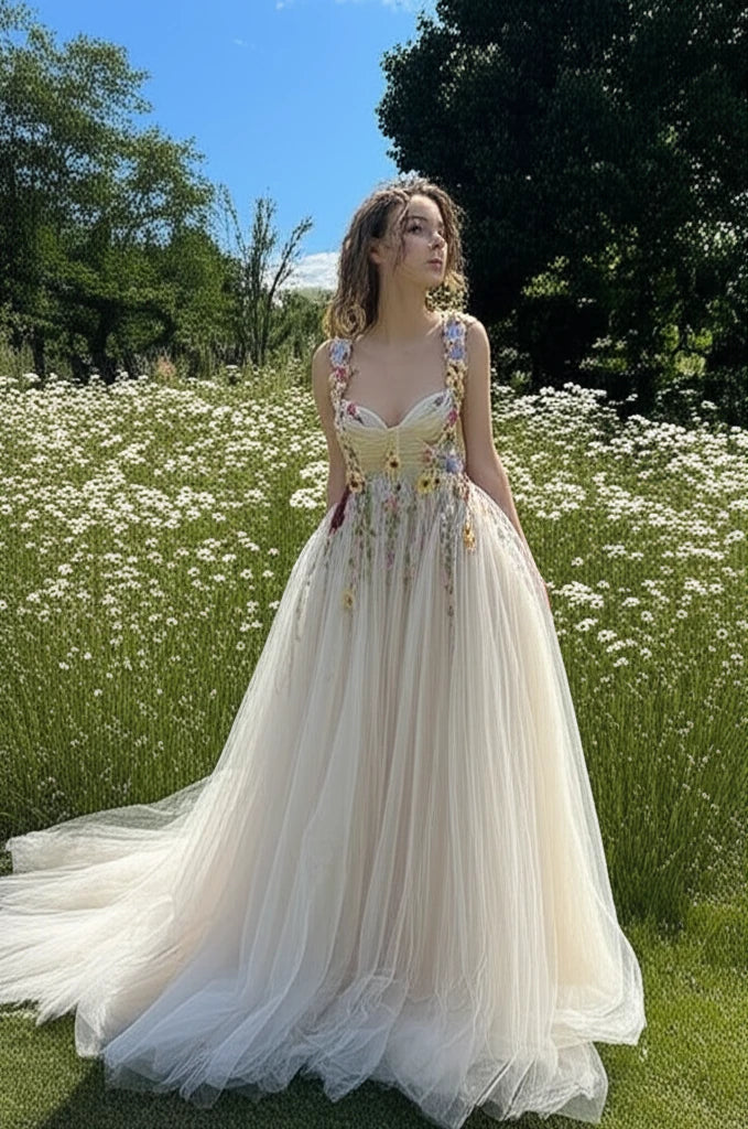 "Light Champagne Tulle Prom Dress with Sweetheart Neckline - MANDOTOS"