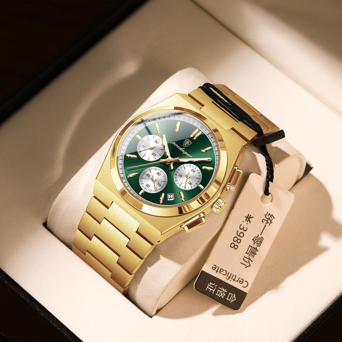 Gold-tone mens waterproof luminous watch with green dial and chronograph subdials by Ancient Energy.