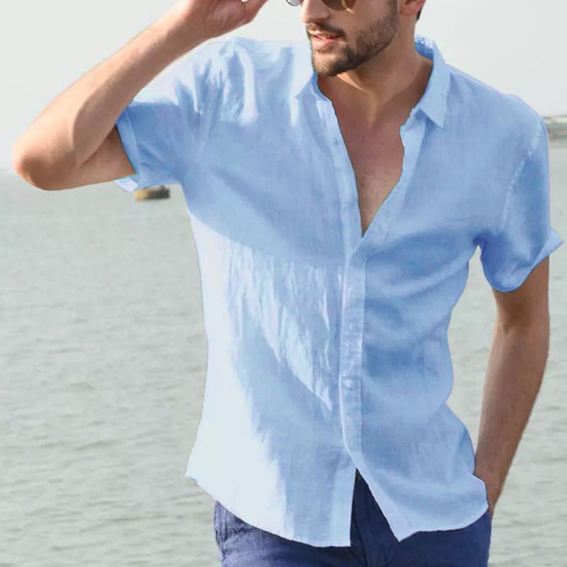 Men's summer short-sleeve casual shirt, light blue, button-front, Ancient Energy