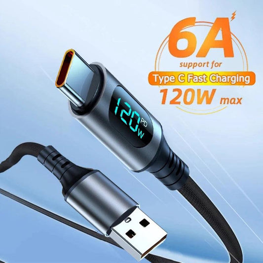 6A 120W USB A To Type C Super Fast Charge Cable Nylon Data Cord For Xiaomi Redmi POCO Samsung With Led Digital Display Cable - MANDOTOS