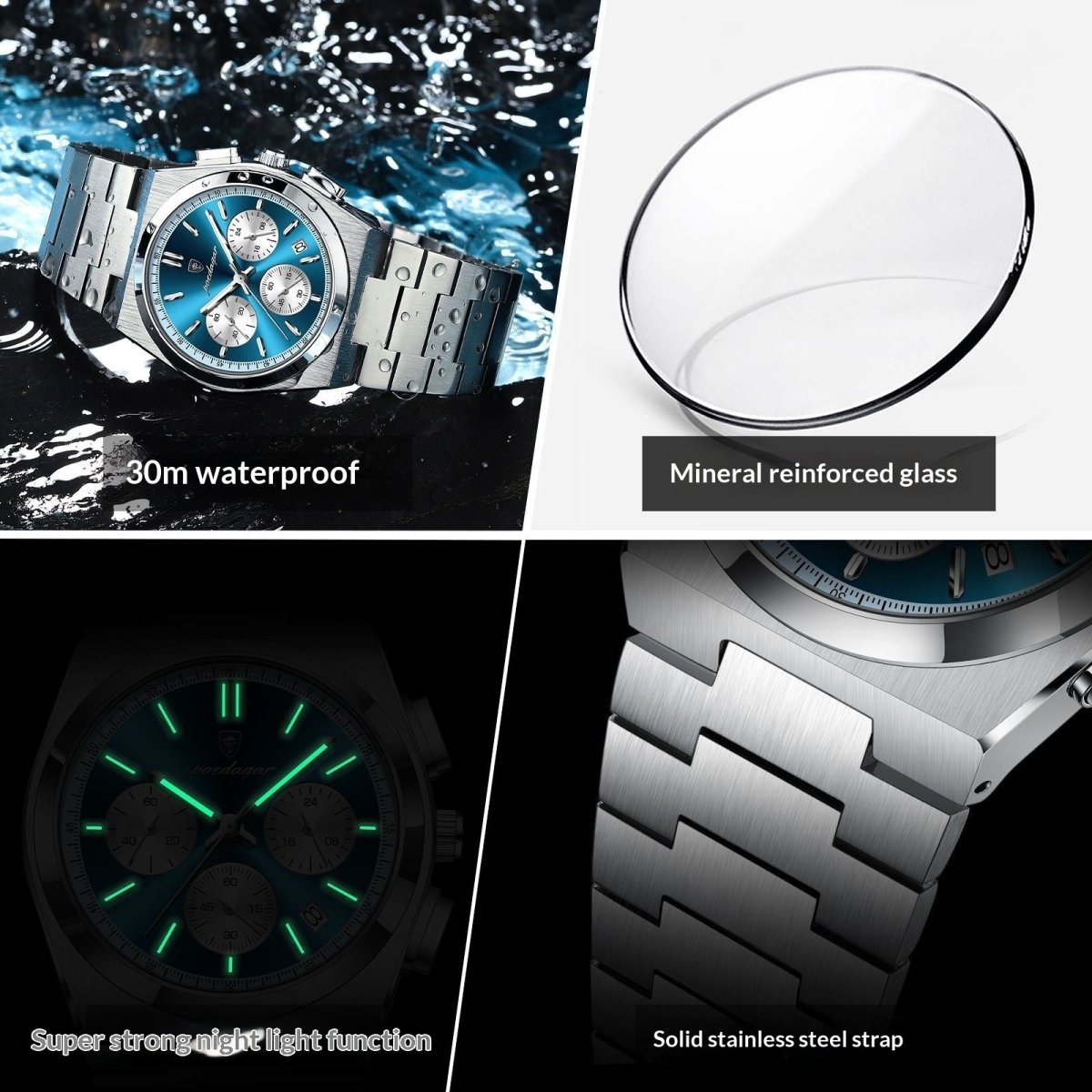 Ancient Energy men's stainless steel watch with blue dial, 30m waterproof, luminous hands, mineral reinforced glass