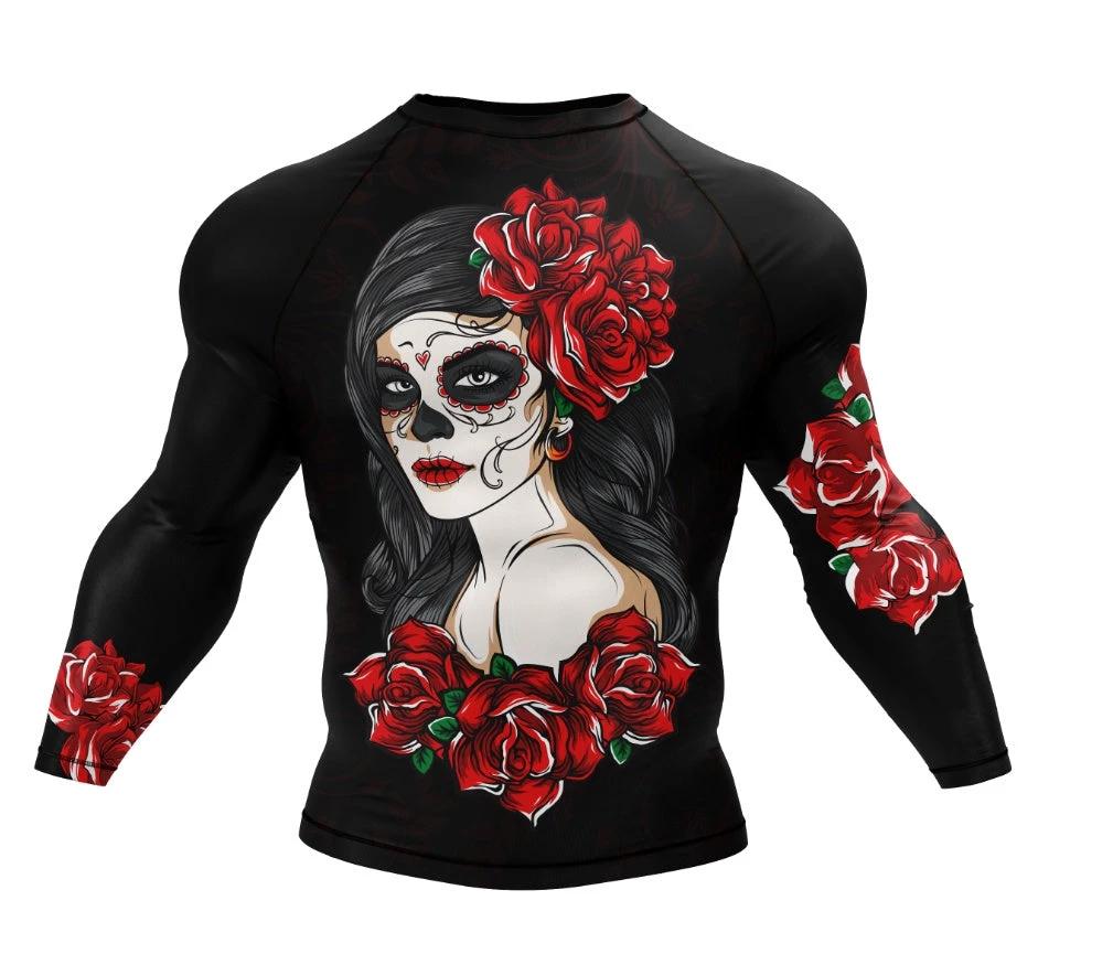XMARTIAL Dark Mystic Rash Guard Mandotos Black Red Roses Print For Training And Martial Arts MANDOTOS