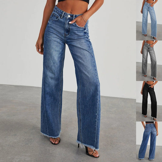Mandotos Fashion High Waist Jeans With Pockets Slim Fit Straight Wide Leg Denim Pants - MANDOTOS