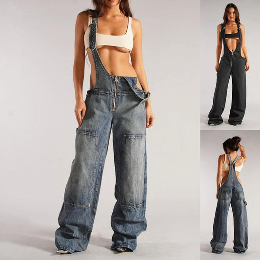 Y2K Denim Overalls - Zipper Suspender Jumpsuit Streetwear - MANDOTOS