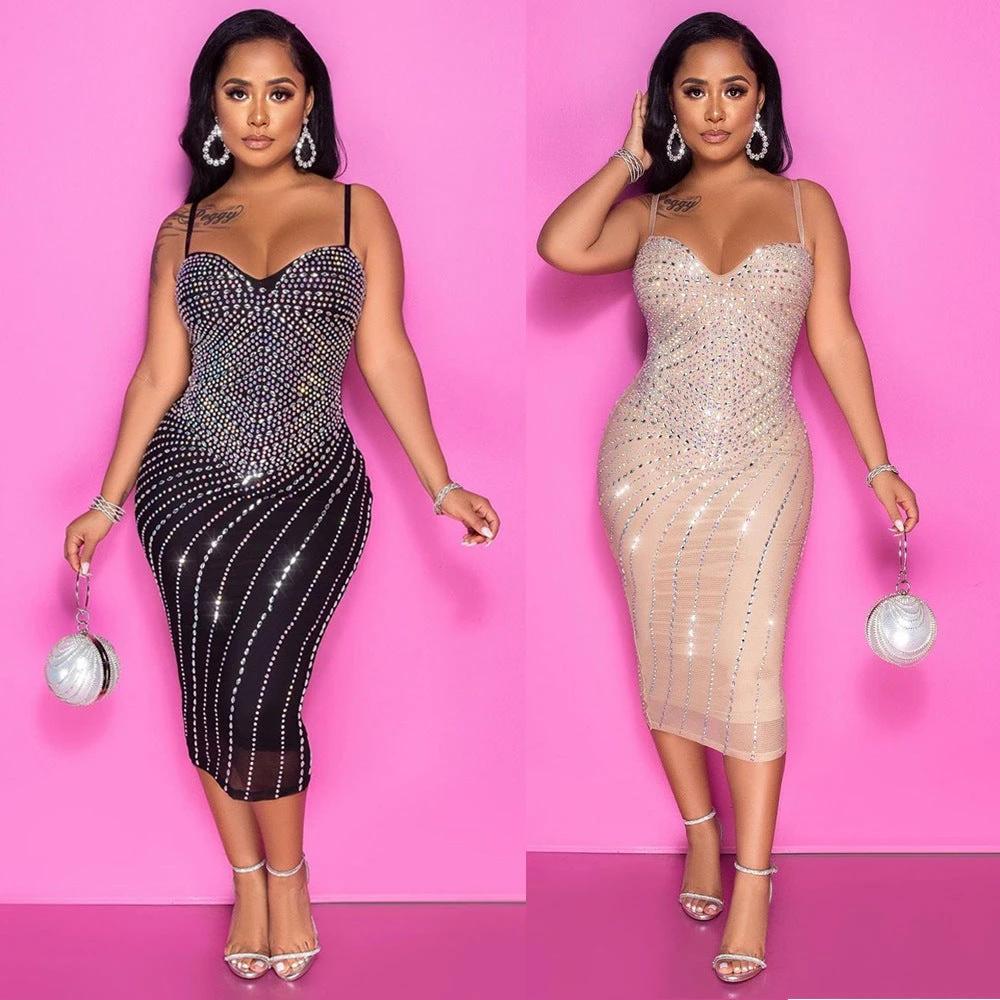 Women's Tight Braces Mesh Rhinestone Dress MANDOTOS