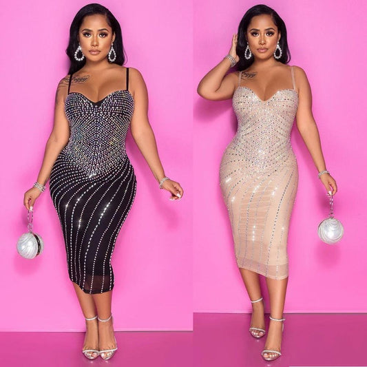 Women's Tight Braces Mesh Rhinestone Dress MANDOTOS