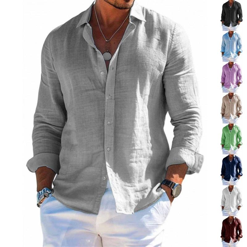 Men's Long Sleeve Shirt Casual Loose Lapel Button Top Solid Color Plus Size Blouse Clothing - MANDOTOS INTERNATIONAL0