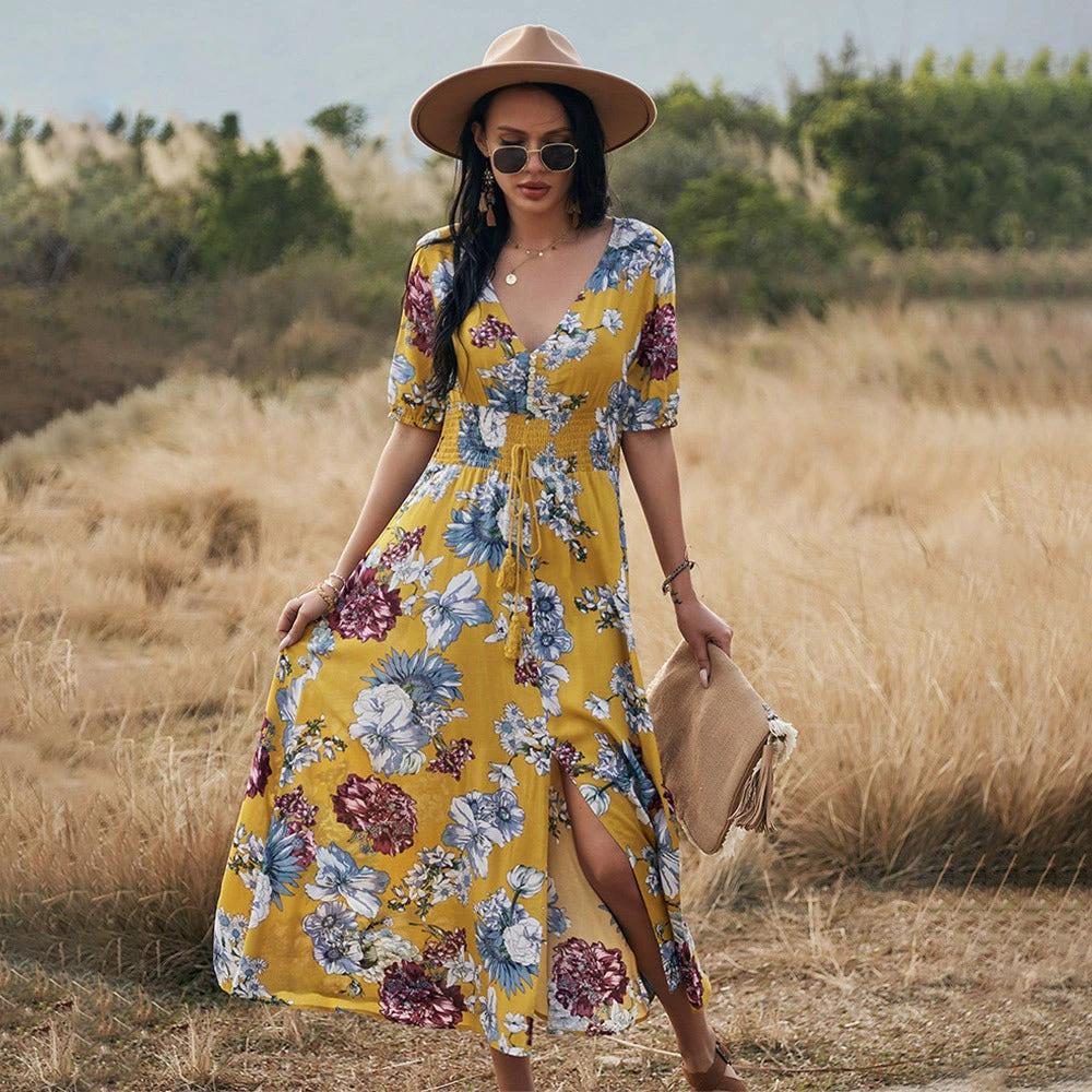 Floral Summer Beach Dress With V Neck Elastic Waist Dresses For Women MANDOTOS
