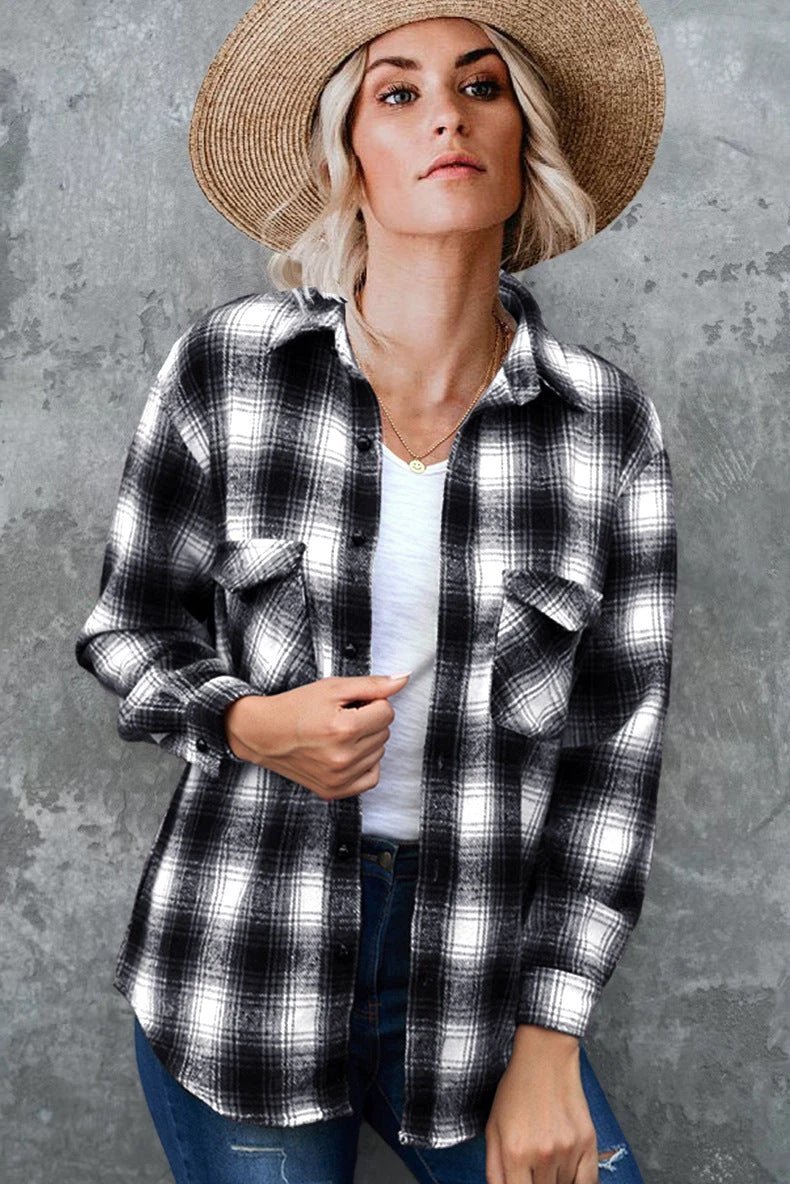 Plaid Shirt Women Spring Mid - length Loose Blouse Turndown Collar Shirt Clothing - MANDOTOS INTERNATIONAL0