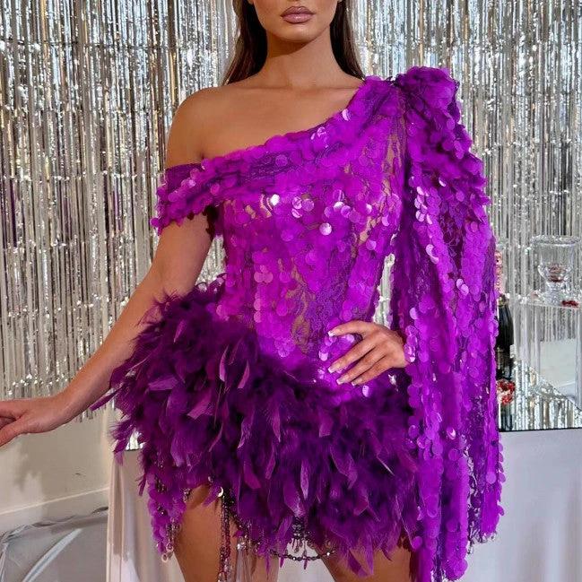 Purple Sequined Feather Skirt One-shoulder Sleeve Short Dress Luxury Party Stage Performance Dress MANDOTOS