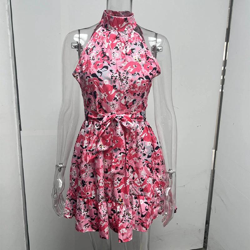 New Flowers Print Halterneck Dress Summer Fashion Temperament Lace-up Ruffled Dresses For Women MANDOTOS