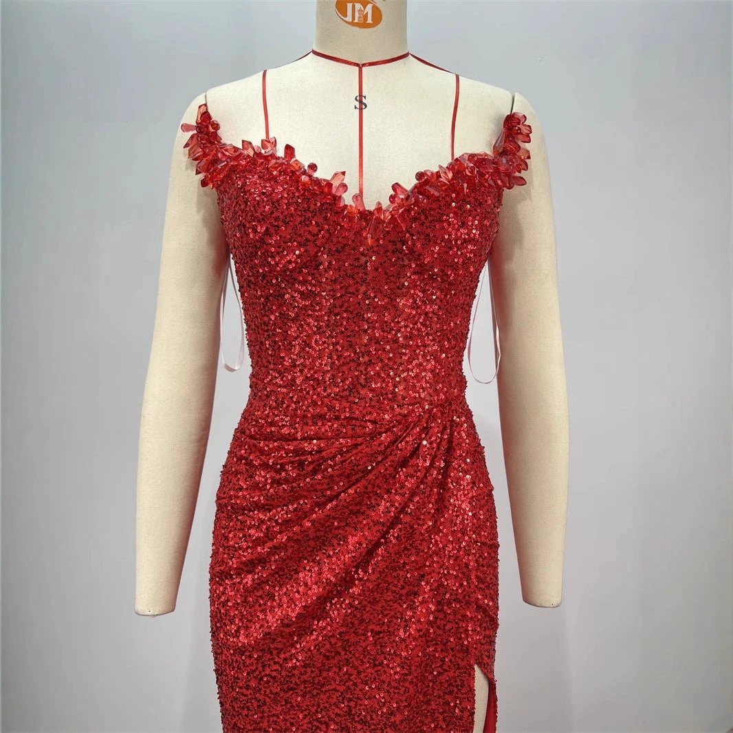 Drop-shaped Diamond Sexy Low-cut High Sitt Red Paillette Tube Coat And Dress MANDOTOS