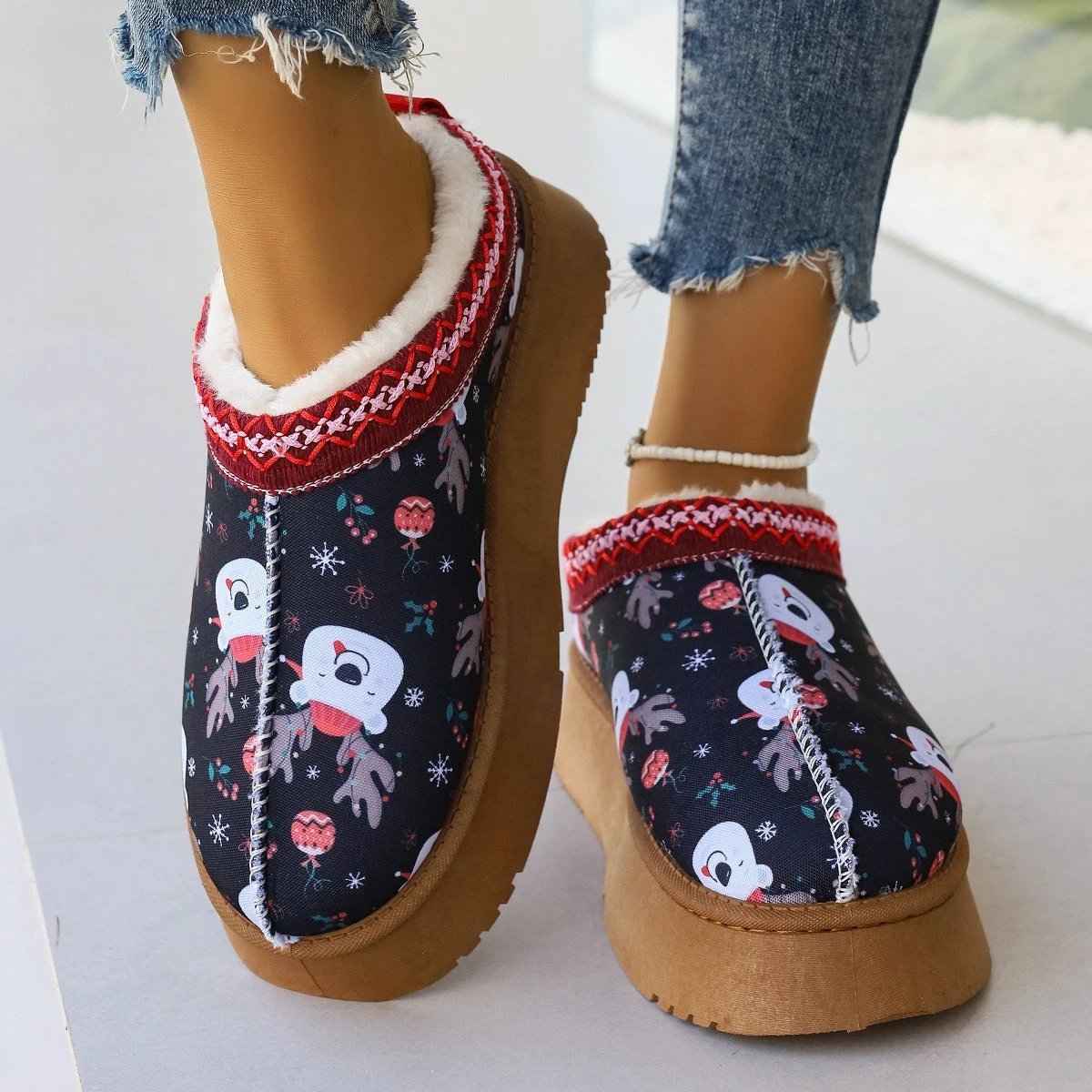 Mandotos Christmas Cartoon Print Plush Lined Slip On Navy Ankle Boots For Women Indoor Home Shoes - MANDOTOS