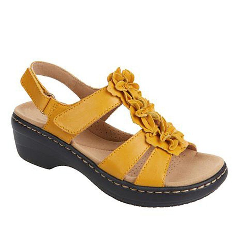 Hollow wedge-heel sandal in yellow with a flower-embellished strap, women's size 43, Ancient Energy