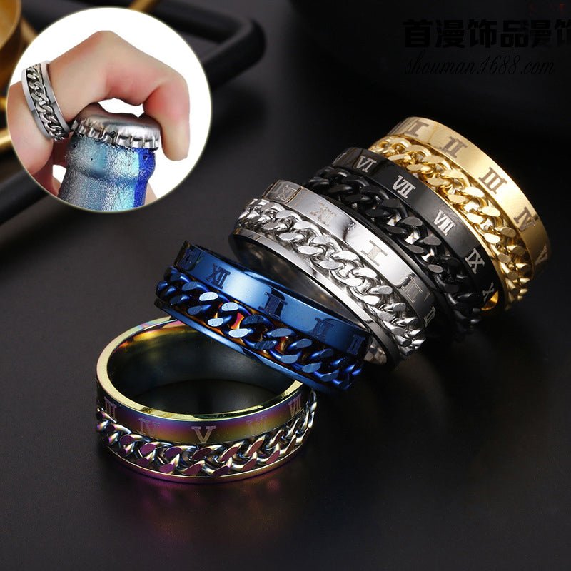 Roman Letter Rotatable Chain Rings Men Digital Titanium Steel RingFor Couple High Quality Multifunctional Bottle Opener Ring Spinner Jewelry Punk Gifts - MANDOTOS INTERNATIONAL0
