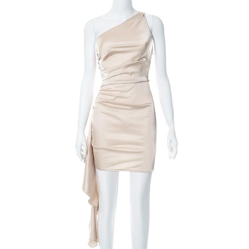 One-shoulder Sleeveless Mini Dress Sexy Slim Backless Skirt Party Wedding Dresses Womens Clothing MANDOTOS