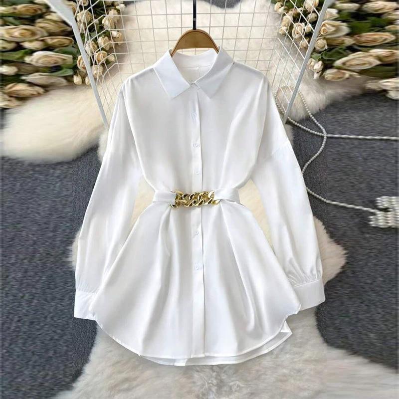 Women's Elegant Lapel Button-Down Top With Adjustable Metal Waist Belt Solid Color Loose Fit Blouse For Casual & Office Wear MANDOTOS