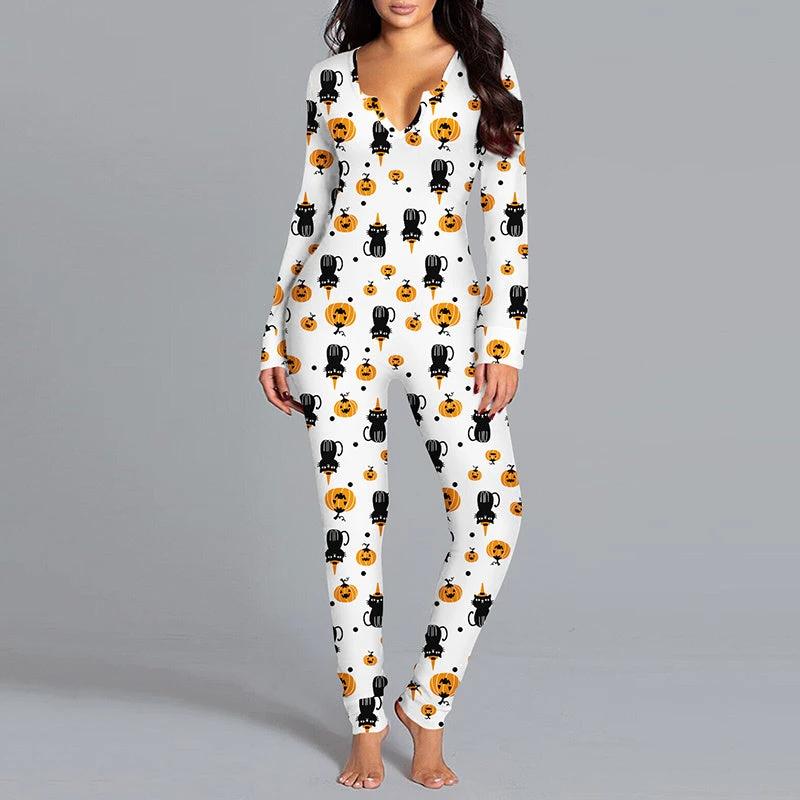 Halloween Printed Jumpsuit - Long Sleeve Home Pajamas - MANDOTOS