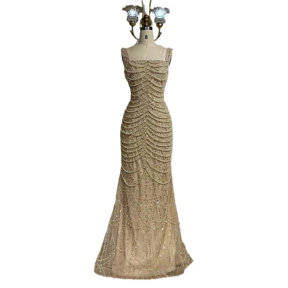 Nude Elegant Sling Light Luxury High-end Pearl Beaded Dress MANDOTOS