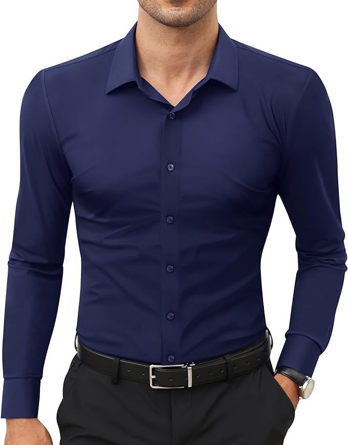 Men's navy slim-fit solid-color work shirt, long-sleeve button-down.